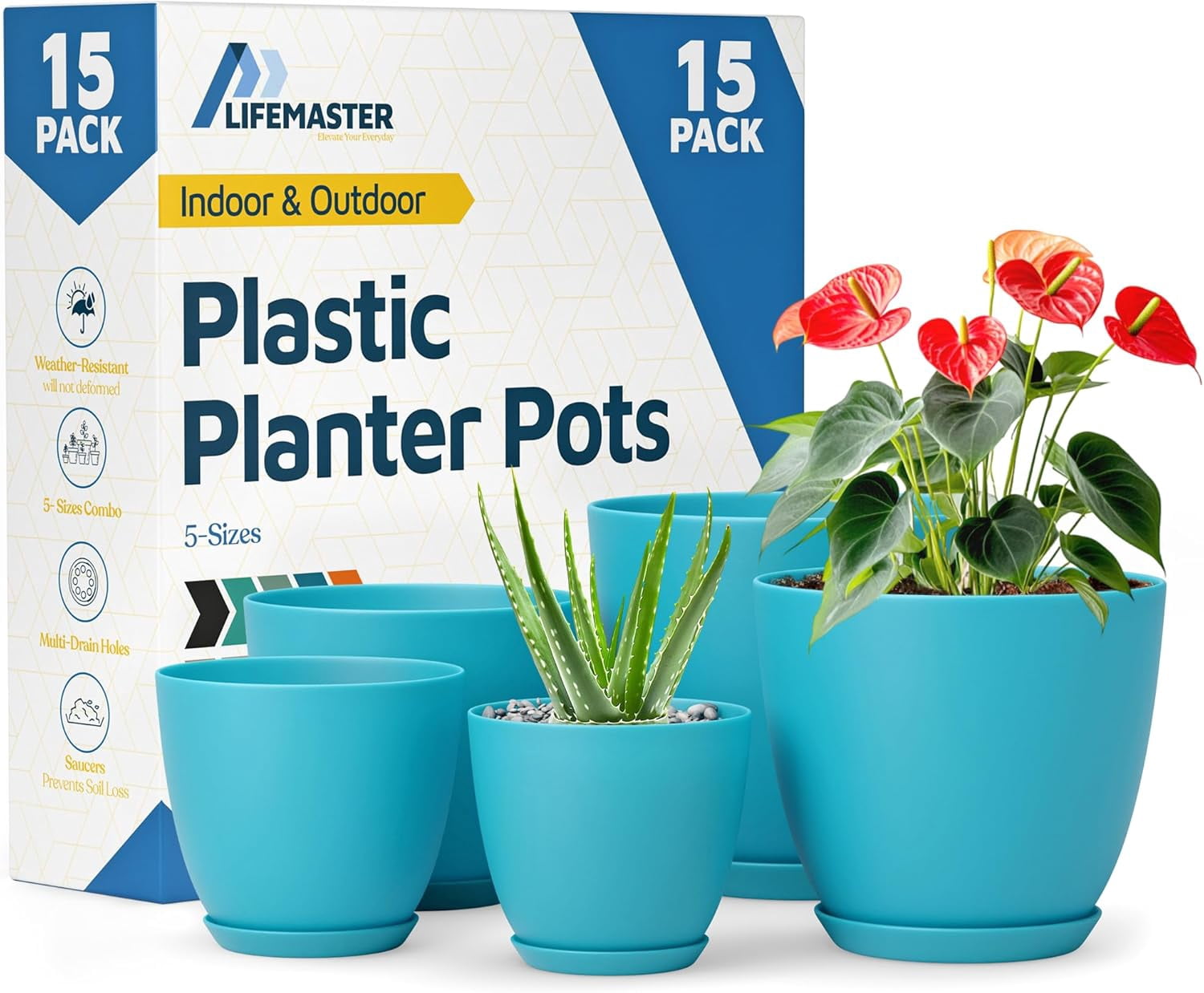 Blue Plant Pots with Drainage Holes & Saucers 15 Packs, Indoor & Outdoor Stackable Plastic Planters in Multiple Sizes for Houseplants & Flowers, Durable & Weatherproof Materials, Matte Finish