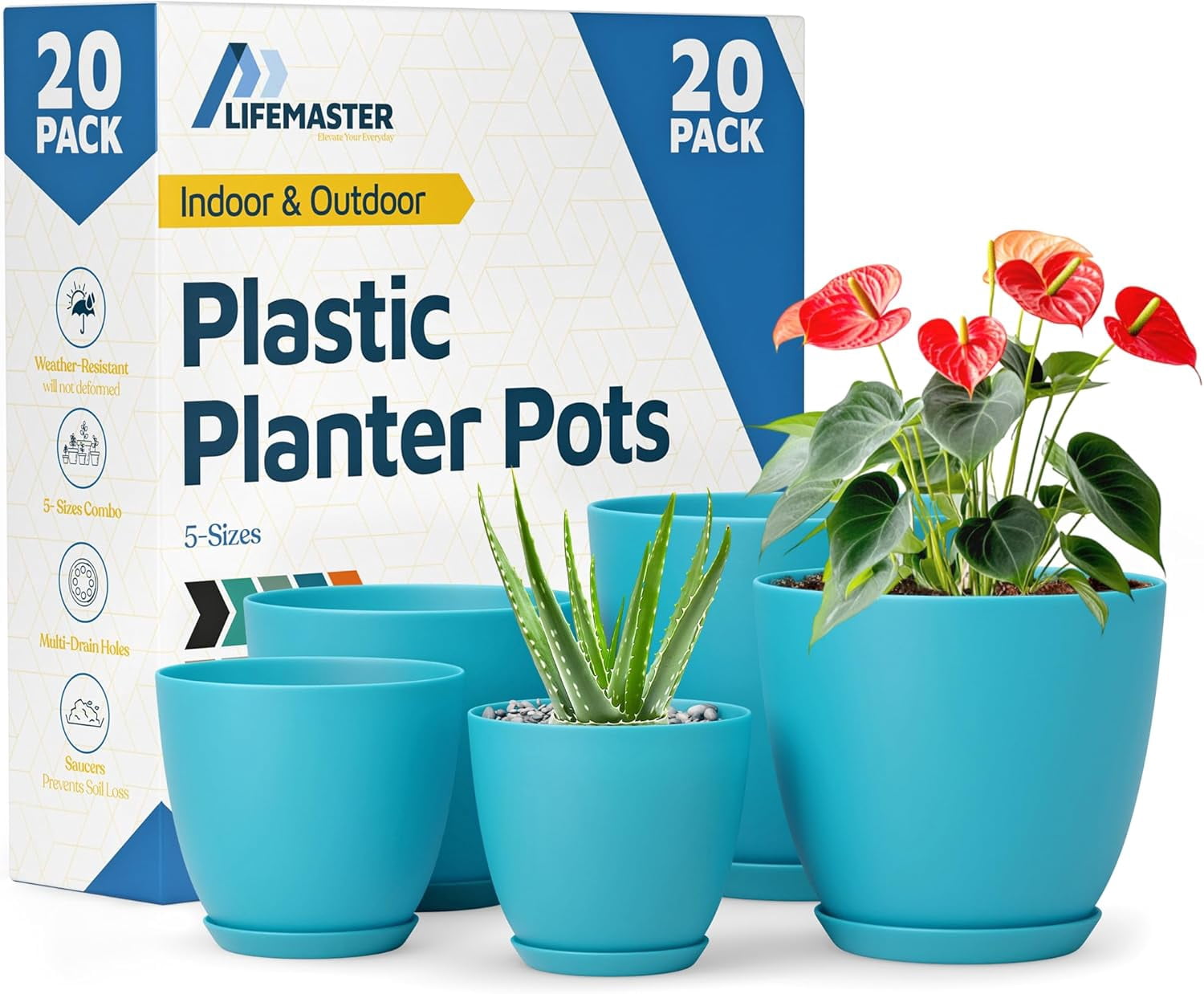 Blue Plant Pots with Drainage Holes & Saucers 20 Packs, Indoor & Outdoor Stackable Plastic Planters in Multiple Sizes for Houseplants & Flowers, Durable & Weatherproof Materials, Matte Finish