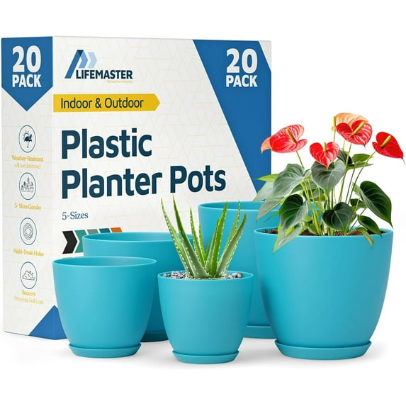 Blue Plant Pots with Drainage Holes & Saucers 20 Packs, Indoor & Outdoor Stackable Plastic Planters in Multiple Sizes for Houseplants & Flowers, Durable & Weatherproof Materials, Matte Finish