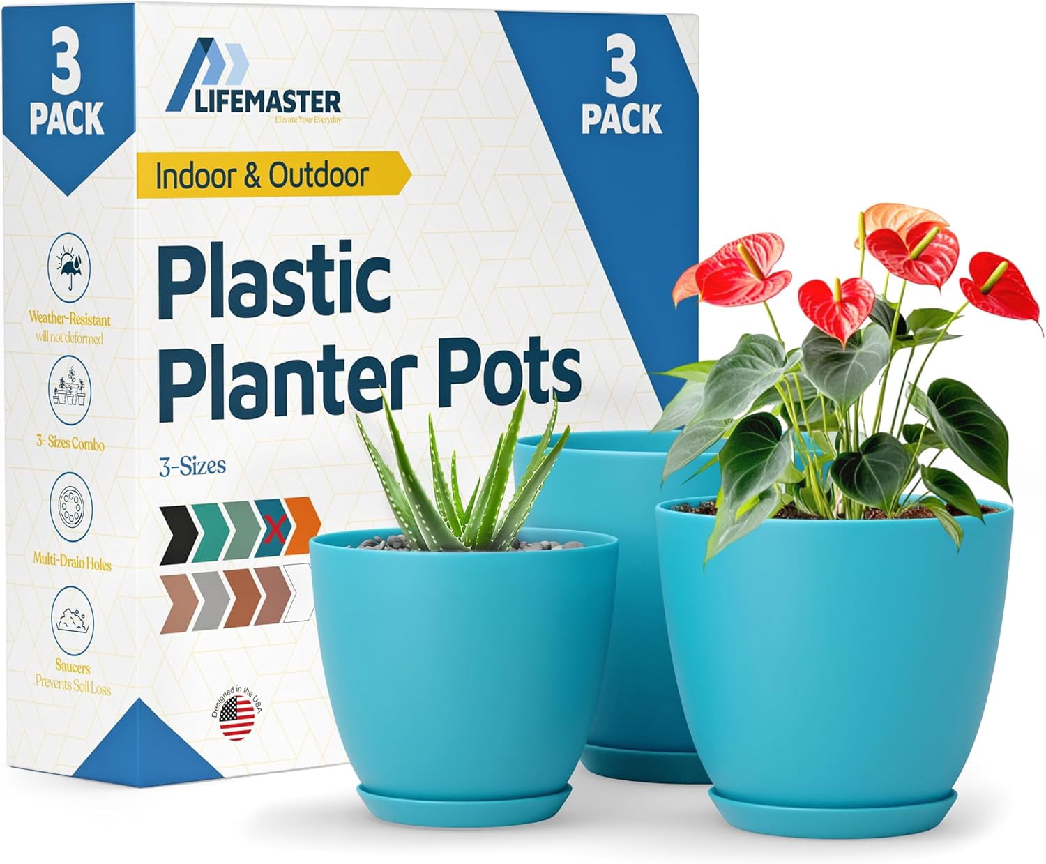 Blue Plant Pots with Drainage Holes & Saucers 3 Packs, Indoor & Outdoor Stackable Plastic Planters in Multiple Sizes for Houseplants & Flowers, Durable & Weatherproof Materials, Matte Finish