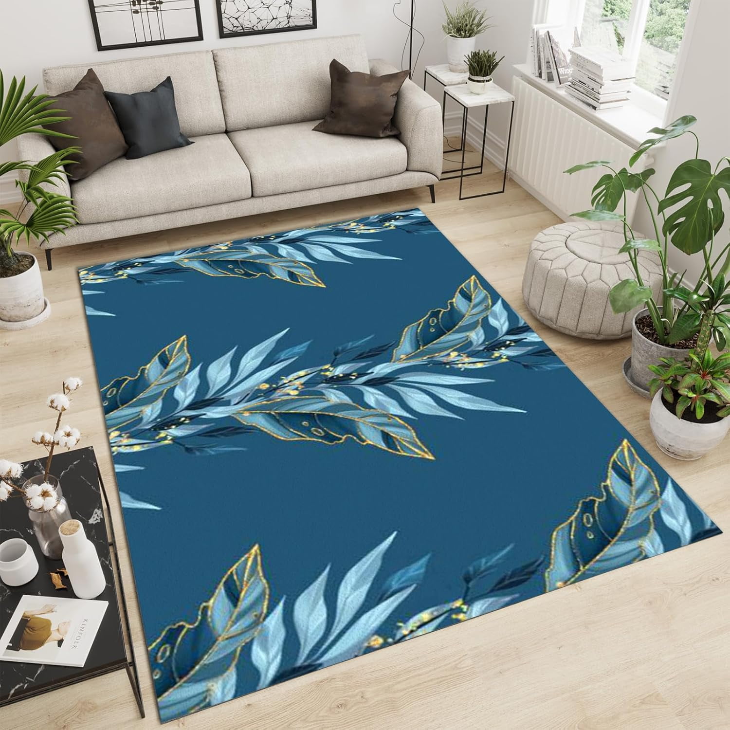 Blue Plant Rattan Leaves Area Rugs, 3D Minimalist Art Entrance Carpet ...