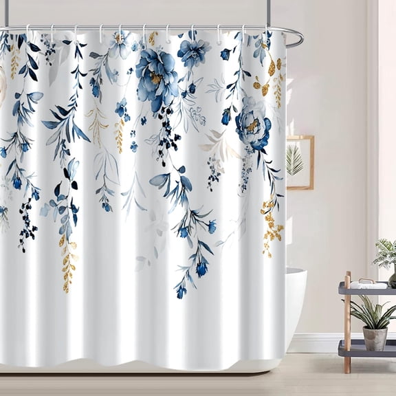 Blue Plants Shower Curtain with Hooks Watercolor Leaves Shower Curtain for Bathroom Waterproof Bathroom Accessories Bathtub Decor 72x72inch
