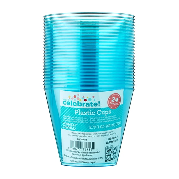 Disposable Plastic Cups, Blue, 8.79 fl oz, 24 Count, Way To Celebrate