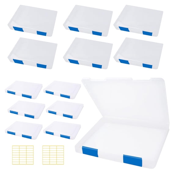 Blue Plastic File Storage Boxes, 12 Pack with 48 Labels, Office School Organization