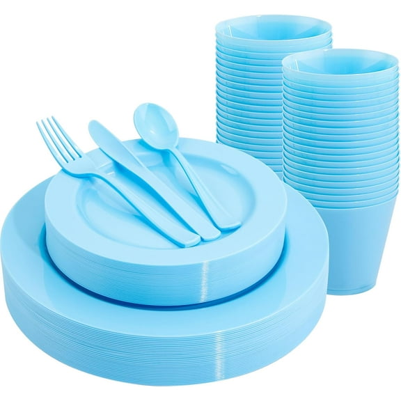 Blue Plastic Plates Disposable - Dinnerware Set Includes Dinner Plates, Salad Plates, Utensils Set, Clear Cups