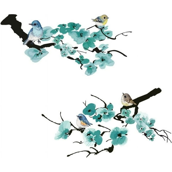 Blue Plum Blossom Wall Stickers Birds Pastoral Style Wall Decals Ink Style Wall Stickers Decals Tree Branch Wall Decals Art Decor for Bedroom Living Room