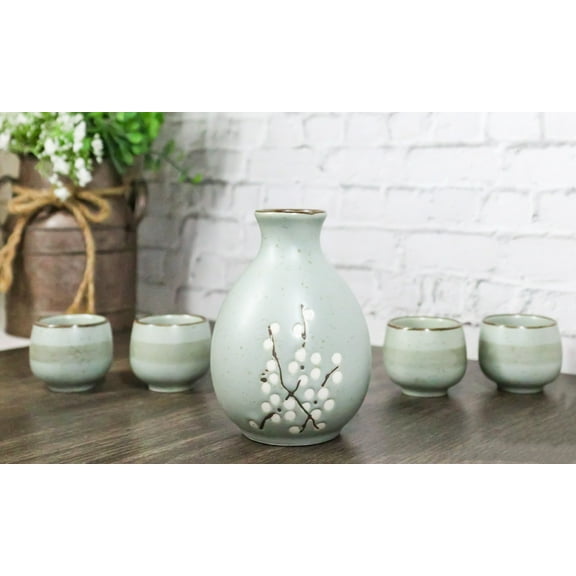 Blue Plum Japanese Sakura Cherry Blossoms Porcelain Sake Flask With Cups Set