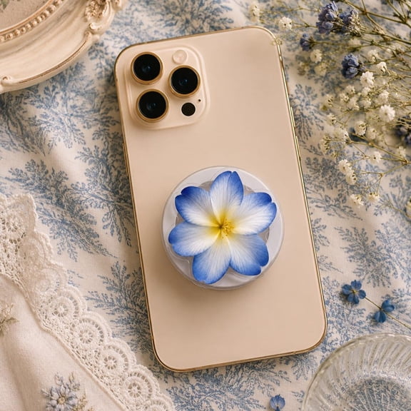 Blue Plumeria Flower Botanical MagSafe Phone Grip: Tropical Hawaii Beach Aesthetic Magnetic Phone Holder, Coastal Floral Gift, Holder