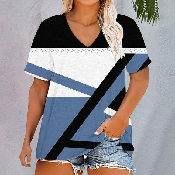 Blue Plus Size Tops Plus Size V Neck T Shirts Short Sleeve Tops Casual Summer Tshirts Loose Fit Tee Womens Shirts