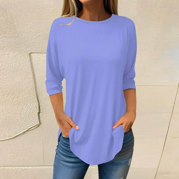 Blue Plus Size Work Tops for Women, Polyester Summer T Shirts for Women, 3/4 Sleeve Women'S Tops Plus Size, Womens Plus Size T Shirts, Solid Color Weekend Solid Color Plus Tshirts for Women Plus Size