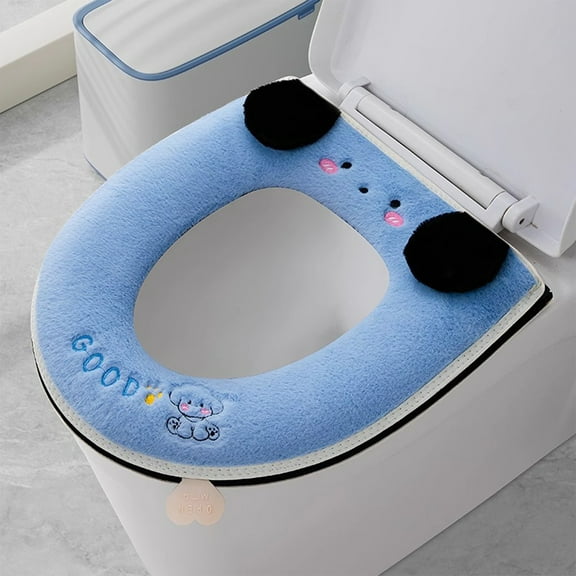 Blue Plush Bathroom Toilet Seat Cover with Zipper,Cute Artificial Bunny Fur Thicker Warmer Toilet Seat Cushion Pad Comfortable Soft Toilet Lid Seat Pad,16.9x14.9inch