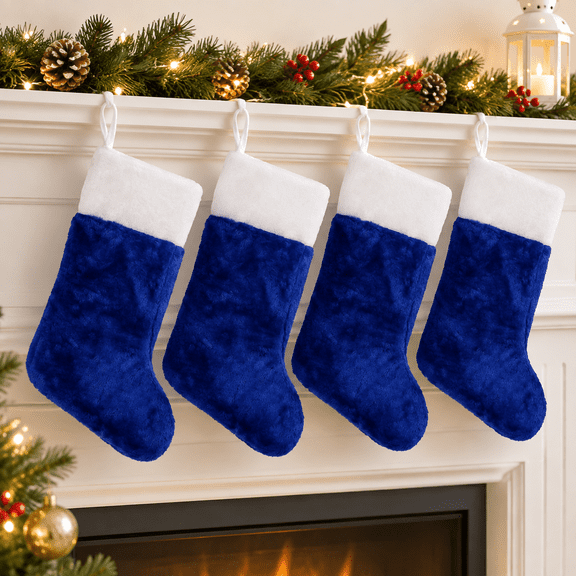 Blue Plush Fabric Christmas Stocking, 18-inches Tall, Festive Decor
