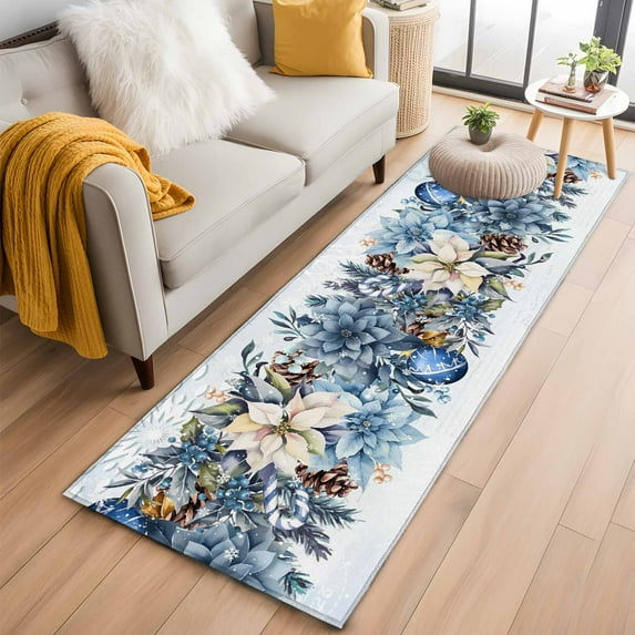 Blue Poinsettia Christmas 2'x6' Runner Rugs for Hallway Kitchen Bedside Non Slip Washable, Xmas Botanical Balls Snowflake Entryway Rug Runners with Rubber Backing, Long Carpet Runner for Laundry Room