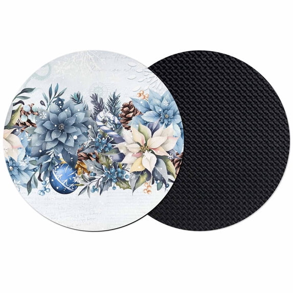 Blue Poinsettia Christmas Coasters Set of 2, Absorbent Coasters for Drinks, Xmas Botanical Balls Snowflake Coaster for Desk Coffee Table Protection, Home Decor House Warming Gifts 4"