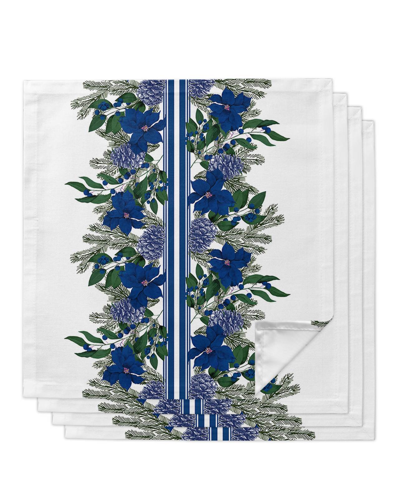 Blue Poinsettia Christmas Dinner Napkins Cloth Set of 4, Polyester