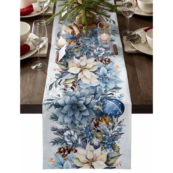 Blue Poinsettia Christmas Dresser Scarf Farmhouse, Dining Table Decorations for Wedding/Parties, Xmas Botanical Balls Snowflake Table Runner 60 Inches Long for Kitchen Dining, 13 x 60 In