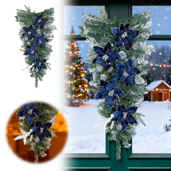 Blue Poinsettia Christmas Garland with Flocked Bow, Glitter Flowers Garland for Staircase Mantle Fireplace - Winter Themed Holiday Party Decor for Indoor Hanging