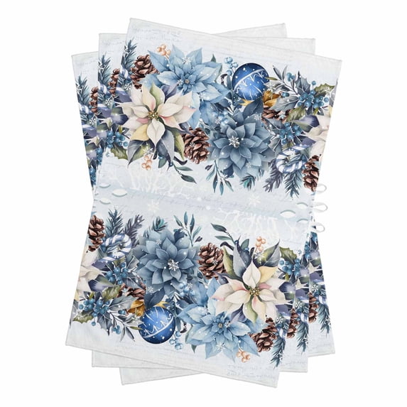 Blue Poinsettia Christmas Kitchen Towels Set of 3, Water Absorbent Dish Towel, Xmas Botanical Balls Snowflake Decorative Hand Towels - Quick Drying Cloth for Cooking Baking, 18x28 Inch