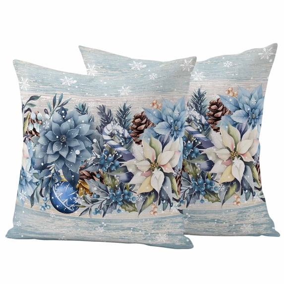 Blue Poinsettia Christmas Outdoor Waterproof Pillow Covers, Xmas Botanical Balls Snowflake Vintage Decorative Square Throw Pillowcase Sofa Cushion Sham for Patio/Couch/Chair, 24"x24" 2 Pack