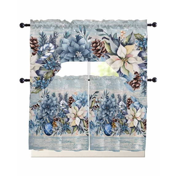 Blue Poinsettia Christmas Swag Curtains for Living Room/Bedroom Windows, Xmas Botanical Balls Snowflake Vintage Kitchen Curtains and Valances Set 36 Inch Length, Swags Valance Curtain Panels