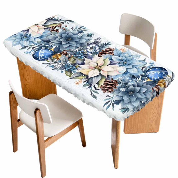 Blue Poinsettia Christmas Table Cloths for 3 Foot Rectangle Tables, Xmas Botanical Balls Snowflake Patio Waterproof Elastic Fitted Tablecloths, Washable Rectangular Table Cover for Camping