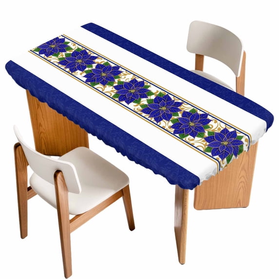 Blue Poinsettia Christmas Table Cloths for 5 Foot Rectangle Tables, Xmas Botanical Vintage Floral Patio Waterproof Elastic Fitted Tablecloths, Washable Rectangular Table Cover for Camping
