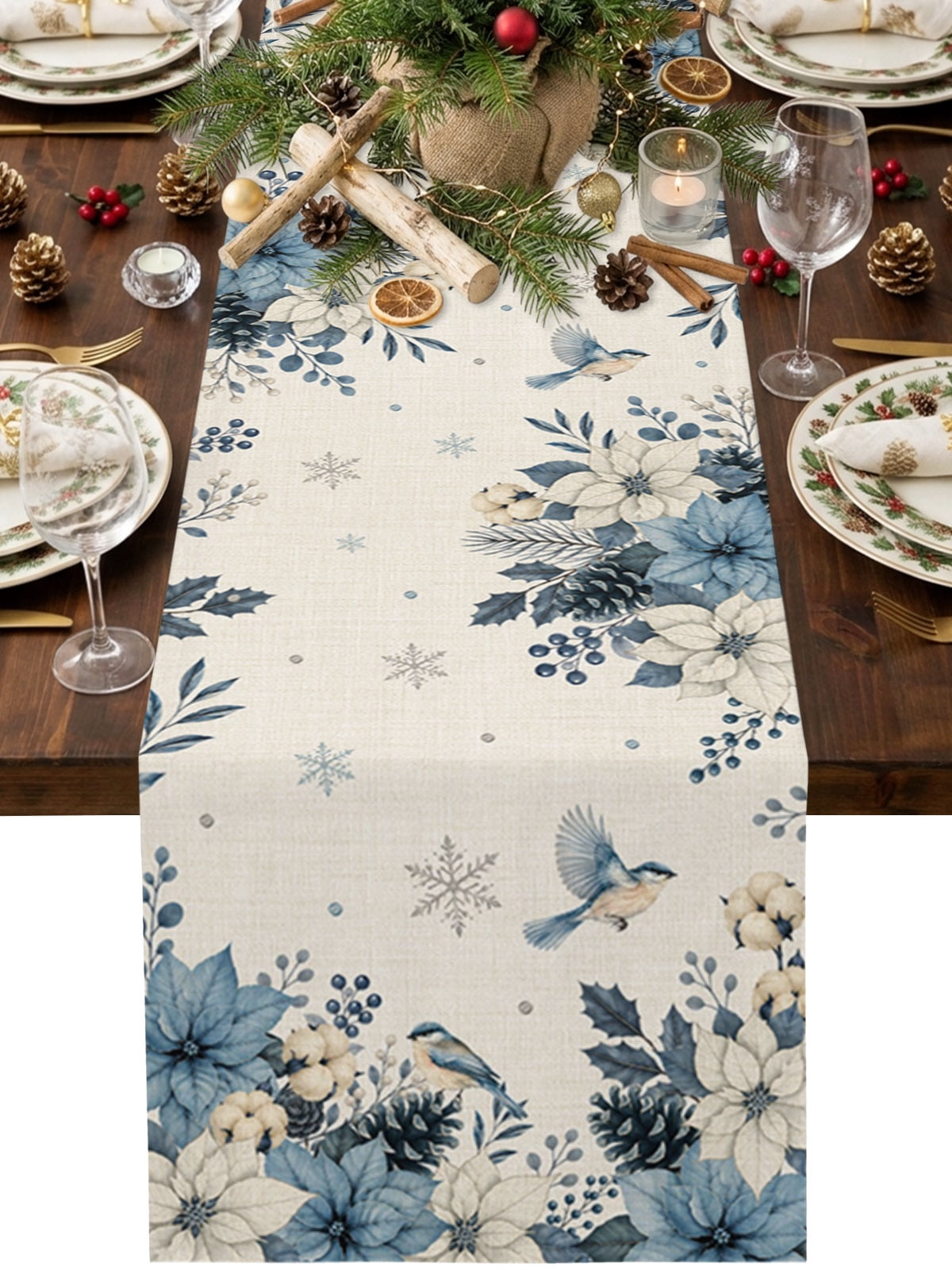 Texture Decor Table Blue Poinsettia Cotton Linen Table Runner Christmas Bird Pine ...
