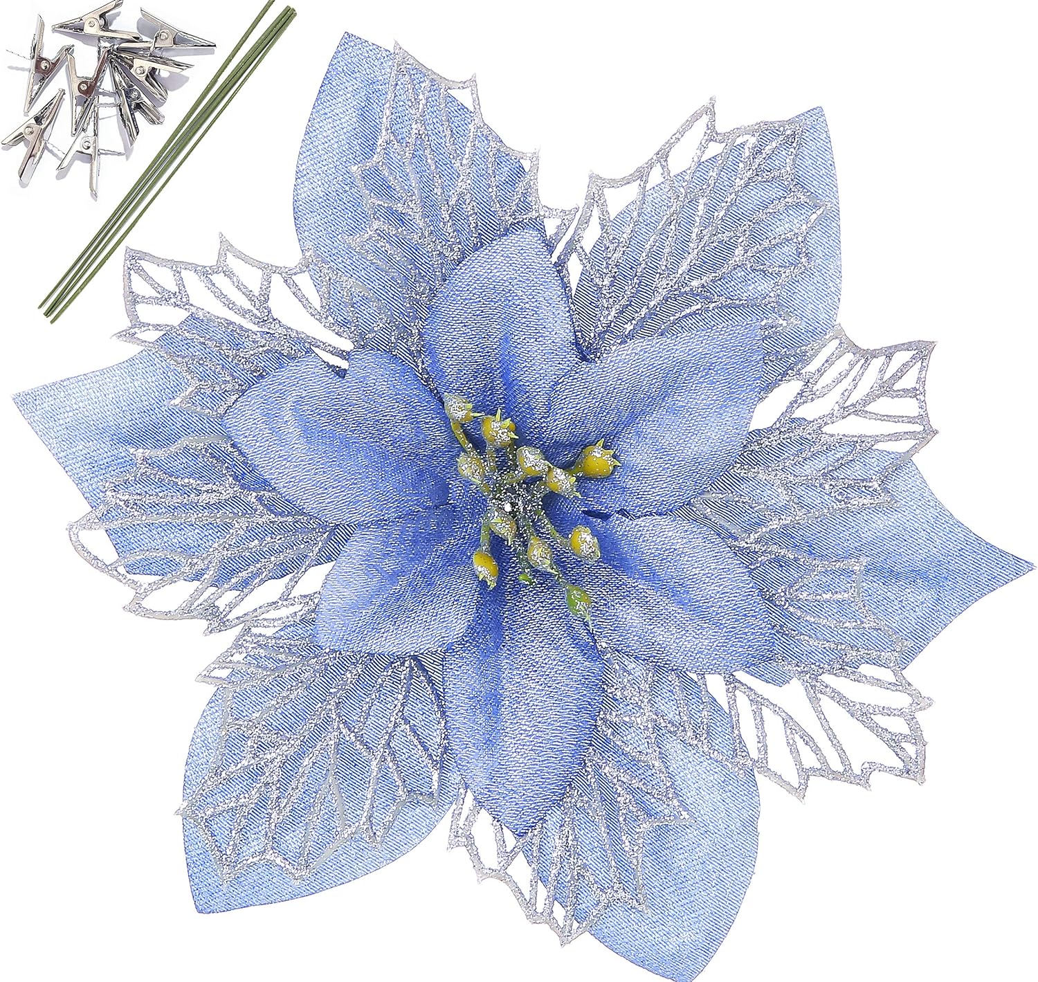 Blue Poinsettia Flowers Artificial with Clips and Stems Pack of 12