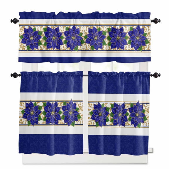 Blue Poinsettia Kitchen Curtains and Valances Set, Christmas Winter Blue Flowers Rod Pocket Window Valance 18 Inch Window Curtain Panels for Living Room Bedroom Laundry, 27.5x24in, 3 Pieces