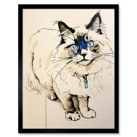 Blue Point Ragdoll Cat Sketch Drawing Portrait Art Print Framed Poster Wall Decor 12x16 inch