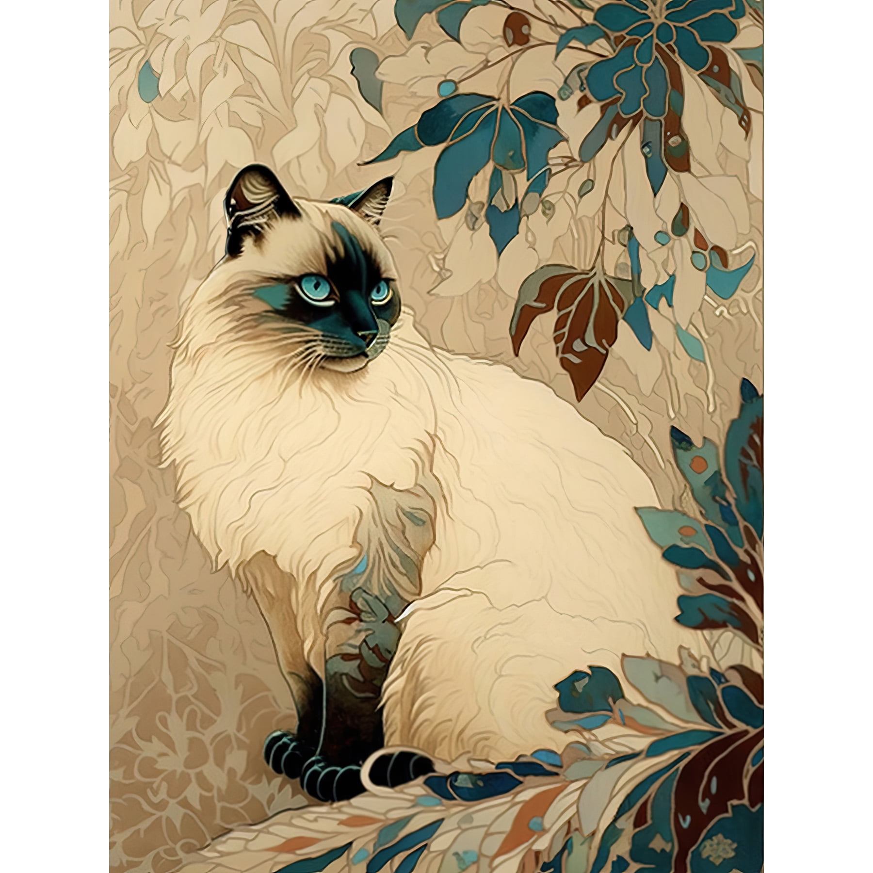 Blue Point Ragdoll Cat and Plant Pattern Art Nouveau Modern ...