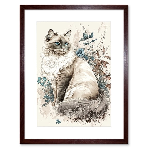 Blue Point Ragdoll Cat with Flowers Watercolour Illustration Artwork Framed Wall Art Print 9X7 Inch