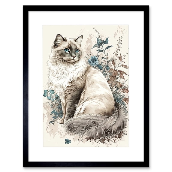 Blue Point Ragdoll Cat with Flowers Watercolour Illustration Artwork Framed Wall Art Print 9X7 Inch