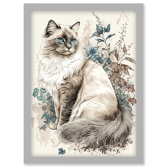 Blue Point Ragdoll Cat with Flowers Watercolour Illustration Artwork Framed Wall Art Print A4