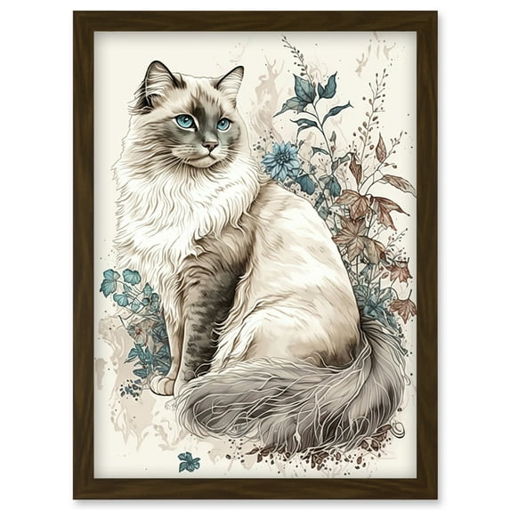Blue Point Ragdoll Cat with Flowers Watercolour Illustration Artwork Framed Wall Art Print A4