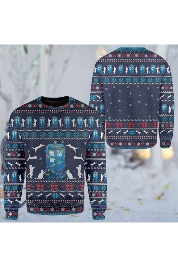 Blue Police Box Cat Christmas 3D Sweater – Navy Fair Isle Cats, Presents and Snowflakes, Geeky Sci Fi Parody Unisex Holiday Pullover Gift