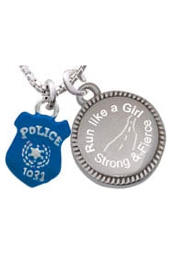 Blue Policeman's Badge Run Like a Girl - Strong and Fierce Engraved Necklace