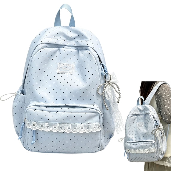 Blue Polka Dot Backpack, Aesthetic Daypack for with Lace Large Laptop Daypack, Lightweight study Bookbag with Spacious Main Compartment and Side Pockets, Travel Backpack for Teens