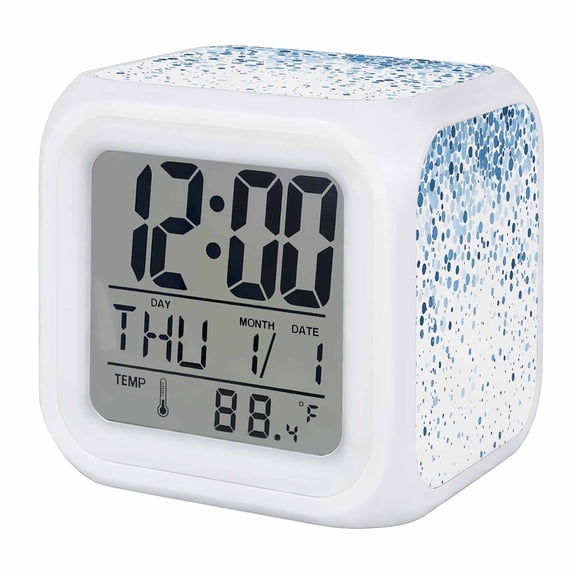 Blue Polka Dot Digital Alarm Clock for Bedrooms, Smart LED Alarm Clock with 7 Color Changing Night Light, Abstract Modern Art Dots Watercolor Silent Wake Up Clocks for Sleep Study Cooking 3.2"x3.2"
