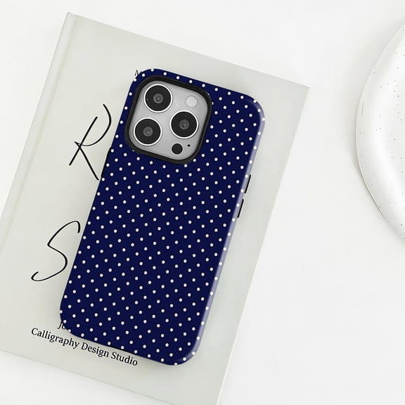 Blue Polka Dot Glossy Tough Phone Case, Soft Girl Cute Y2K Fall Aesthetic compatible with iPhone 15 Pro Max