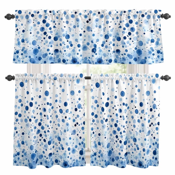 Blue Polka Dot Kitchen Curtains Sets for Windows 36 Inch Length, Modern Art Abstract Watercolor Dot Rod Pocket Window Treatments Tier Curtains and Valances Set for Bedroom/Bathroom
