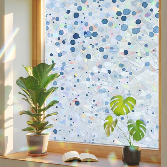 Blue Polka Dot Privacy Window Film, Decorative Stained Glass Window Film, Abstract Modern Art Dots Watercolor Resuable Rainbow Static Cling for Home Bathroom Living Room Glass Door 17.7"x78.7"