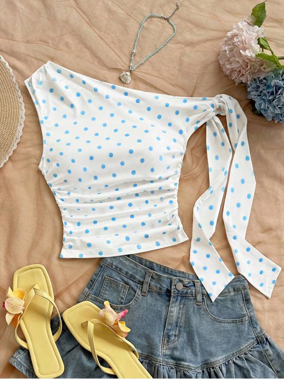 Blue Polka Dot Ruched One Shoulder Tie-Front Crop Top For Women