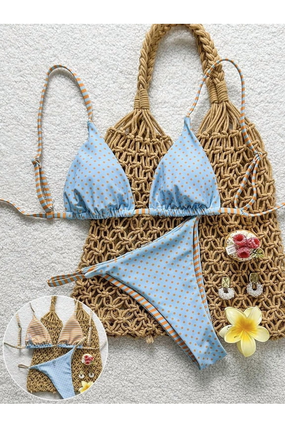 Blue Polka Dot & Striped Reversible Triangle Bikini Two-Piece Set For Women