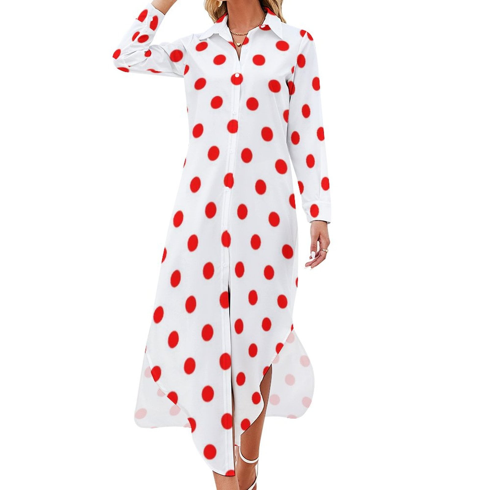 Blue A Line White Polka Dots Dress with Short Sleeves