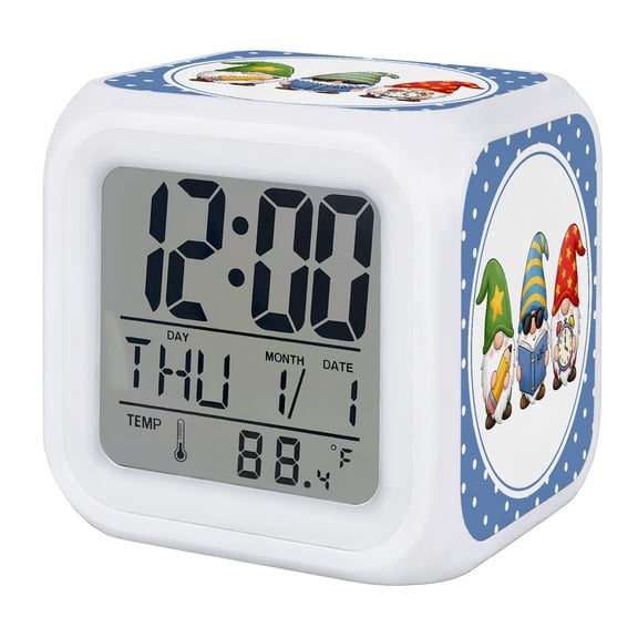 Blue Polka Dots Gnomes Digital Alarm Clock for Bedrooms, Smart LED Alarm Clock with 7 Color Changing Night Light, Pencils Book Clock Silent Wake Up Clocks for Sleep Study Cooking 3.2"x3.2"