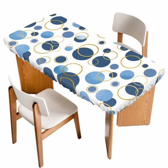 Blue Polka Dots Table Cloths for 4 Foot Rectangle Tables, Modern Abstract Art Patio Waterproof Elastic Fitted Tablecloths, Washable Rectangular Table Cover for Camping