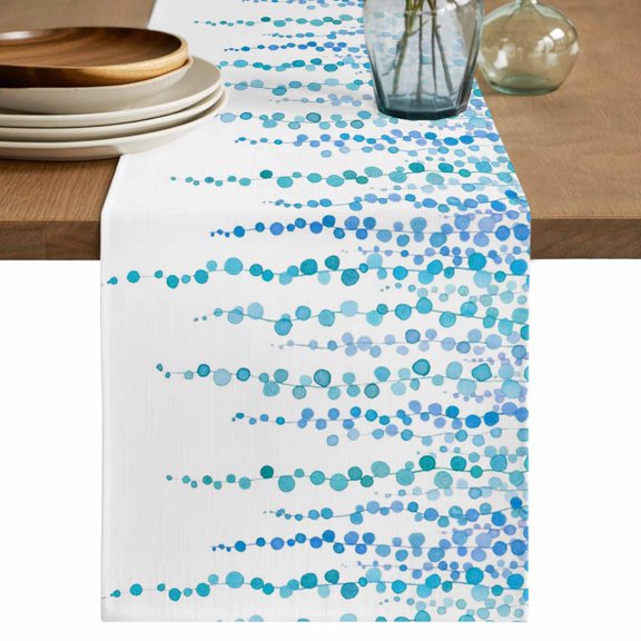 Blue Polka Dots Table Runner, Watercolor Abstract Art Retro Washable Cotton Linen Table Runners 48 Inches Long, Dresser Scarf Runner for Nightstand/Coffee/End Tables 13''x48''