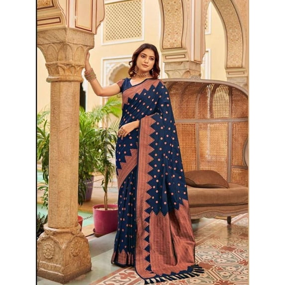 Blue Polka Dots Woven Design Zari Pure Silk Banarasi Saree - 25466410