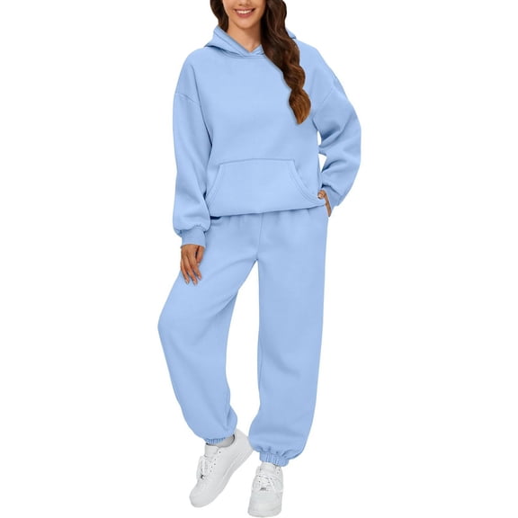 Blue Polyester Activewear Hooded Neck Weekend Full-Length Women's Trousers Suit, AUTOMET Womens 2 Outfits Hoodie Sweatsuit Sets Oversized Sweatshirt Baggy Fall Fashion Sweatpants With Pockets